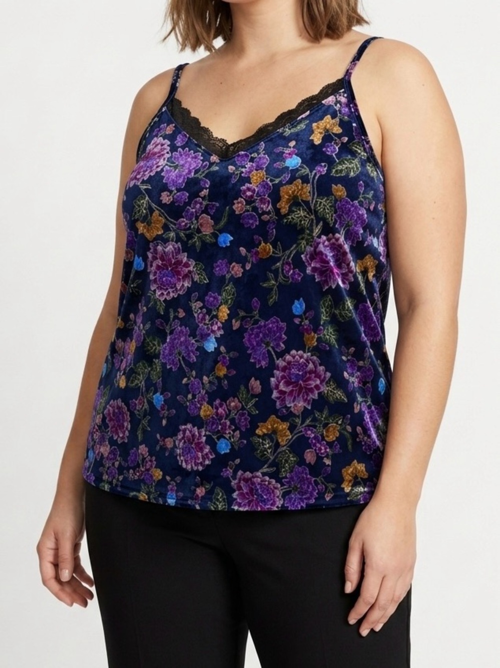 Torrid Size 2 Floral Velvet Lace Trim V-Neck Cami Boho Chic Romantic 90s